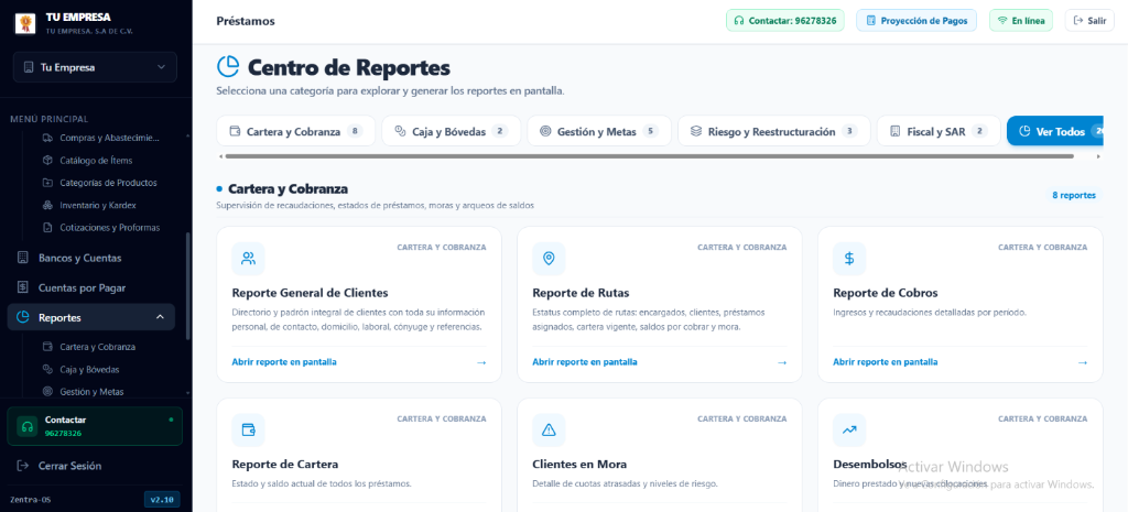 Centro de Reportes para Imprimir o Exportar en Excel y PDF