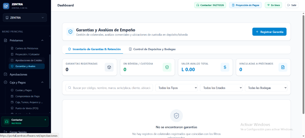 Garantías y Avalúos de Empeño en ZENTRA-OS