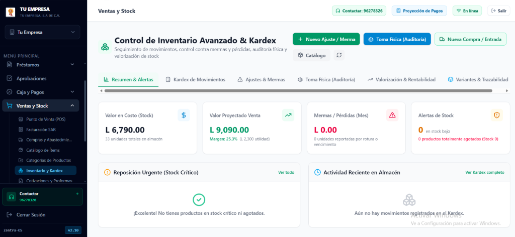 Control de Inventario Avanzado y Kardex en ZENTRA-OS